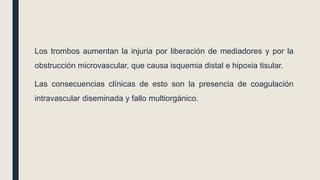 Los trombos aumentan la injuria por liberación de mediadores y por la
obstrucción microvascular, que causa isquemia distal e hipoxia tisular.
Las consecuencias clínicas de esto son la presencia de coagulación
intravascular diseminada y fallo multiorgánico.
 