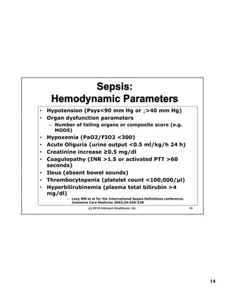 •   Hypotension (Psys<90 mm Hg or ↓>40 mm Hg)
•   Organ dysfunction parameters
    – Number of failing organs or composite score (e.g.
      MODS)
•   Hypoxemia (PaO2/FIO2 <300)
•   Acute Oliguria (urine output <0.5 ml/kg/h 24 h)
•
•
      First Things First Planning
    Creatinine increase ≥0.5 mg/dl
    Coagulopathy (INR >1.5 or activated PTT >60
    seconds)
•   Ileus (absent bowel sounds)
•   Thrombocytopenia (platelet count <100,000/μl)
                                      <100 000/μl)
•   Hyperbilirubinemia (plasma total bilirubin >4
    mg/dl)
          – Levy MM et al for the International Sepsis Definitions conference.
            Intensive Care Medicine 2003;29:530-538
                      (c) 2010 Intersect Healthcare, Inc.                        14




                                                                                      14
 