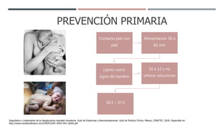PREVENCIÓN PRIMARIA
Contacto piel con
piel
Alimentación 30 a
60 min
Llanto como
signo de hambre
10 a 12 y no
ofrecer soluciones
36.5 – 37.5
Diagnóstico y tratamiento de la hipoglucemia neonatal transitoria. Guía de Evidencias y Recomendaciones: Guía de Práctica Clínica. México, CENETEC; 2018. Disponible en:
http://www.cenetecdifusion.com/CMGPC/GPC-IMSS-442-18/ER.pdf
 