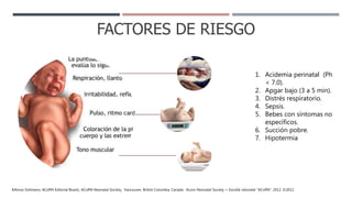 FACTORES DE RIESGO
1. Acidemia perinatal (Ph
< 7.0).
2. Apgar bajo (3 a 5 min).
3. Distrés respiratorio.
4. Sepsis.
5. Bebes con síntomas no
específicos.
6. Succión pobre.
7. Hipotermia
Alfonso Solimano; ACoRN Editorial Board,; ACoRN Neonatal Society, Vancouver, British Columbia, Canada : Acorn Neonatal Society = Société néonatal "ACoRN", 2012. ©2012
 