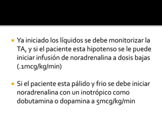 Ya iniciado los líquidos se debe monitorizar la
TA, y si el paciente esta hipotenso se le puede
iniciar infusión de noradrenalina a dosis bajas
(.1mcg/kg/min)
 Si el paciente esta pálido y frio se debe iniciar
noradrenalina con un inotrópico como
dobutamina o dopamina a 5mcg/kg/min
 