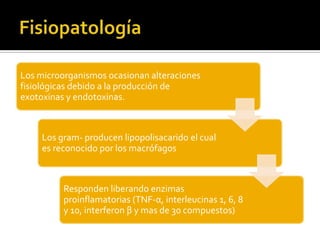 Los microorganismos ocasionan alteraciones
fisiológicas debido a la producción de
exotoxinas y endotoxinas.
Los gram- producen lipopolisacarido el cual
es reconocido por los macrófagos
Responden liberando enzimas
proinflamatorias (TNF-α, interleucinas 1, 6, 8
y 10, interferon β y mas de 30 compuestos)
 