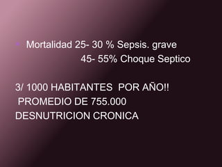  Mortalidad 25- 30 % Sepsis. grave                        45- 55% Choque Septico3/ 1000 HABITANTES  POR AÑO!!PROMEDIO DE 755.000DESNUTRICION CRONICA