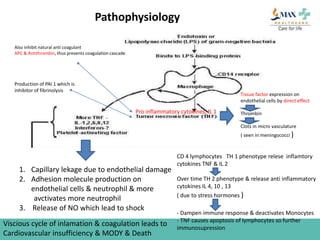 Pathophysiology
Pro inflammatory cytokines, IL 1
Tissue factor expression on
endothelial cells by direct effect
Thrombin
Clots in micro vasculature
( seen in meningococci )
Also inhibit natural anti coagulant
APC & Antithrombin, thus prevents coagulation cascade
Production of PAI 1 which is
inhibitor of fibrinolysis
1. Capillary lekage due to endothelial damage
2. Adhesion molecule production on
endothelial cells & neutrophil & more
avctivates more neutrophil
3. Release of NO which lead to shock
CD 4 lymphocytes TH 1 phenotype relese inflamtory
cytokines TNF & IL 2
Over time TH 2 phenotype & release anti inflammatory
cytokines IL 4, 10 , 13
( due to stress hormones )
- Dampen immune response & deactivates Monocytes
- TNF causes apoptosis of lymphocytes so further
immunosupression
Viscious cycle of inlamation & coagulation leads to
Cardiovascular insufficiency & MODY & Death
 