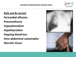Rule out & correct
Pericardial effusion
Pneumothorax
Hypoadrenalism
Hypothyroidsm
Ongoing blood loss
Intra abdominal catastrophe
Necrotic tissue
Persistent Catecholamine resistant shock
 