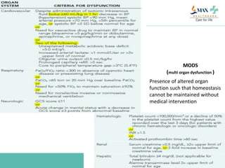 MODS
(multi organ dysfunction )
Presence of altered organ
function such that homeostasis
cannot be maintained without
medical intervention
 