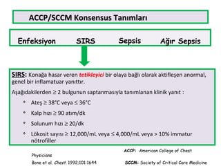 ACCP/SCCMACCP/SCCM KKonsensusonsensus TanımlarıTanımları
Enfeksiyon SIRS Sepsis Ağır Sepsis
SIRS: Konağa hasar veren tetikleyici bir olaya bağlı olarak aktifleşen anormal,
genel bir inflamatuar yanıttır.
Aşağıdakilerden ≥ 2 bulgunun saptanmasıyla tanımlanan klinik yanıt :
 Ateş ≥ 38°C veya ≤ 36°C
 Kalp hızı ≥ 90 atım/dk
 Solunum hızı ≥ 20/dk
 Lökosit sayısı ≥ 12,000/mL veya ≤ 4,000/mL veya > 10% immatur
nötrofiller
ACCP: American College of Chest
Physicians
Bone et al. Chest. 1992;101:1644 SCCM: Society of Critical Care Medicine
 