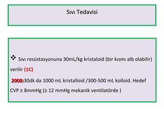 Sıvı TedavisiSıvı Tedavisi
 Sıvı resüstasyonuna 30mL/kg kristaloid (bir kısmı alb olabilir)
verilir (1C)
2008:2008:30dk da 1000 mL kristalloid /300-500 mL kolloid. Hedef
CVP ≥ 8mmHg (≥ 12 mmHg mekanik ventilatörde )
 