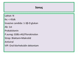 SonuçSonuç
Laktat: N
Kx: < 45dk
İnvazive candida: 1-3β-D glukan
Ab: 1st
Prokalsitonin
P.aureg: GSBL+AG/Florokinolon
Strep: Blaktam+Makrolid
Antiviral
VIP: Oral klorheksidin dekontam
 