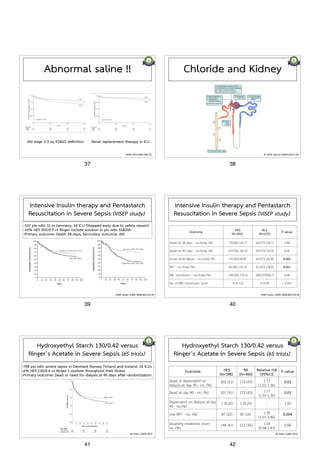 Abnormal saline !! 
AKI stage 2-3 by KDIGO definition Renal replacement therapy in ICU 
JAMA 2012;308:1566-72. 
37 
Chloride and Kidney 
KI 2014, doi:10.1038/ki.2014.105 
38 
Intensive Insulin therapy and Pentastarch 
Resuscitation in Severe Sepsis (VISEP study) 
-537 pts with SS in Germany, 18 ICU (Stopped early due to safety reason) 
-10% HES 200/0.5 vs Ringer lactate solution in pts with SS&SSh 
-Primary outcome: Death 28 days, Secondary outcome: AKI 
VISEP study, NJEM 2008,385:125-39. 
39 
Intensive Insulin therapy and Pentastarch 
Resuscitation in Severe Sepsis (VISEP study) 
VISEP study, NJEM 2008,385:125-39. 
Outcome HES 
(N=262) 
RLS 
(N=275) P value 
Death at 28 days - no./total (%) 70/262 (26.7) 66/274 (24.1) 0.48 
Death at 90 days - no./total (%) 107/261 (41.0) 93/274 (33.9) 0.09 
Acute renal failure - no./total (%) 91/261(34.9) 62/272 (22.8) 0.002 
RRT - no./total (%) 81/261 (31.0) 51/272 (18.8) 0.001 
RBC transfusion - no./total (%) 199/262 (76.0) 189/275(68.7) 0.06 
No. of RBC transfusion (unit) 6 (4-12) 4 (2-8) < 0.001 
40 
Hydroxyethyl Starch 130/0.42 versus 
Ringer’s Acetate in Severe Sepsis (6S trials) 
-798 pts with severe sepsis in Denmark Norway Finland and Iceland, 26 ICUs 
-6% HES 130/0.4 vs Ringer’s acetate throughout their illness 
-Primary outcome: Dead or need for dialysis at 90 days after randomization 
6S trials, NJEM 2012. 
41 
Hydroxyethyl Starch 130/0.42 versus 
Ringer’s Acetate in Severe Sepsis (6S trials) 
6S trials, NJEM 2012. 
Outcome HES 
(N=398) 
RA 
(N=400) 
Relative risk 
(95%CI) P value 
Dead or dependent on 
dialysis at day 90 - no. (%) 202 (51) 173 (43) 1.17 
(1.01-1.36) 0.03 
Dead at day 90 - no. (%) 201 (51) 172 (43) 1.17 
(1.01-1.36) 0.03 
Dependent on dialysis at day 
90 - no.(%) 1 (0.25) 1 (0.25) - 1.00 
Use RRT - no. (%) 87 (22) 65 (16) 1.35 
(1.01-1.80) 0.004 
Doubling creatinine level - 
no. (%) 148 (41) 127 (35) 1.18 
(0.98-1.43) 0.08 
42 
 
