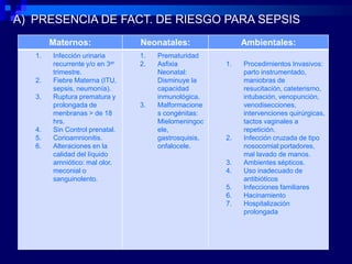 A) PRESENCIA DE FACT. DE RIESGO PARA SEPSIS
        Maternos:               Neonatales:                Ambientales:
   1.   Infección urinaria      1.   Prematuridad
        recurrente y/o en 3er   2.   Asfixia          1.   Procedimientos Invasivos:
        trimestre.                   Neonatal:             parto instrumentado,
   2.   Fiebre Materna (ITU,         Disminuye la          maniobras de
        sepsis, neumonía).           capacidad             resucitación, cateterismo,
   3.   Ruptura prematura y          inmunológica.         intubación, venopunción,
        prolongada de           3.   Malformacione         venodisecciones,
        menbranas > de 18            s congénitas:         intervenciones quirúrgicas,
        hrs.                         Mielomeningoc         tactos vaginales a
   4.   Sin Control prenatal.        ele,                  repetición.
   5.   Corioamnionitis.             gastrosquisis,   2.   Infección cruzada de tipo
   6.   Alteraciones en la           onfalocele.           nosocomial:portadores,
        calidad del líquido                                mal lavado de manos.
        amniótico: mal olor,                          3.   Ambientes sépticos.
        meconial o                                    4.   Uso inadecuado de
        sanguinolento.                                     antibióticos
                                                      5.   Infecciones familiares
                                                      6.   Hacinamiento
                                                      7.   Hospitalización
                                                           prolongada
 