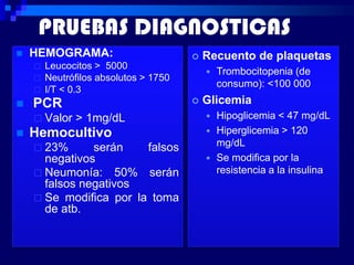PRUEBAS DIAGNOSTICAS
   HEMOGRAMA:                            Recuento de plaquetas
       Leucocitos > 5000
                                              Trombocitopenia (de
       Neutrófilos absolutos > 1750
                                               consumo): <100 000
       I/T < 0.3
   PCR                                   Glicemia
     Valor   > 1mg/dL                      Hipoglicemia < 47 mg/dL
   Hemocultivo                             Hiperglicemia > 120

     23%      serán    falsos               mg/dL
      negativos                             Se modifica por la
     Neumonía: 50% serán                    resistencia a la insulina
      falsos negativos
     Se modifica por la toma
      de atb.
 