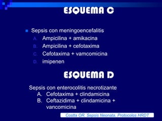ESQUEMA C
   Sepsis con meningoencefalitis
     A. Ampicilina + amikacina
     B. Ampicilina + cefotaxima
     C. Cefotaxima + vamcomicina
     D. imipenen


                  ESQUEMA D
    Sepsis con enterocolitis necrotizante
       A. Cefotaxima + clindamicina
       B. Ceftazidima + clindamicina +
           vancomicina
                   Costta OR. Sepsis Neonata. Protocolos HRDT
 