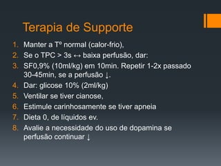 Terapia de Supporte
1. Manter a Tº normal (calor-frio),
2. Se o TPC > 3s ↔ baixa perfusão, dar:
3. SF0,9% (10ml/kg) em 10min. Repetir 1-2x passado
30-45min, se a perfusão ↓.
4. Dar: glicose 10% (2ml/kg)
5. Ventilar se tiver cianose,
6. Estimule carinhosamente se tiver apneia
7. Dieta 0, de líquidos ev.
8. Avalie a necessidade do uso de dopamina se
perfusão continuar ↓
 