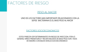 PESO AL NACER
UNO DE LOS FACTORES MAS IMPORTANTE RELACIONADOS CON LA
SEPSIS BACTERIANA ES EL BAJO PESO AL NACER
FACTORES SOCIOECONOMICOS
ESTOS PARECEN SER DETERMINANTES EN RIESGO DE INFECCION. POR LO
GENERAL NIÑOS PREMATUROS Y RECIEN NACIDOS DE BAJO PESO SON HIJOS
DE MADRES CON BAJOS NIVELES SOCIOECONOMICO
FACTORES DE RIESGO
 