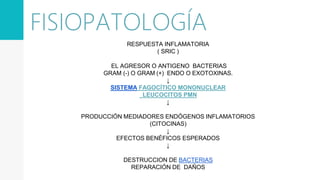 RESPUESTA INFLAMATORIA
( SRIC )
EL AGRESOR O ANTIGENO BACTERIAS
GRAM (-) O GRAM (+) ENDO O EXOTOXINAS.
↓
SISTEMA FAGOCÍTICO MONONUCLEAR
LEUCOCITOS PMN
↓
PRODUCCIÓN MEDIADORES ENDÓGENOS INFLAMATORIOS
(CITOCINAS)
↓
EFECTOS BENÉFICOS ESPERADOS
↓
DESTRUCCION DE BACTERIAS
REPARACIÓN DE DAÑOS
FISIOPATOLOGÍA
 