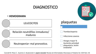 DIAGNOSTICO
• HEMOGRAMA
LEUCOCITOS
Relación neutrófilos inmaduros/
maduros
Neutropenia= mal pronostico.
plaquetas
Trombocitopenia
Infecciones severas
Hongos mayor %
Aumento actividad
plaquetaria, lesión
endotelial
Coronell W, Pérez C , Guerrero C, Bustamante H, sepsis neonatal. Revista de Enfermedades Infecciosas en Pediatría Vol. XXIII Núm. 90
 