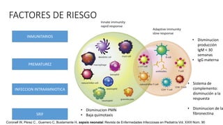 FACTORES DE RIESGO
INMUNITARIOS
PREMATUREZ
INFECCION INTRAAMNIOTICA
SRIF
• Disminucion PMN
• Baja quimotaxis
• Disminucion
producción
IgM < 30
semanas
• IgG materna
• Sistema de
complemento:
disminución a la
respuesta
• Disminucion de la
fibronectina
Coronell W, Pérez C , Guerrero C, Bustamante H, sepsis neonatal. Revista de Enfermedades Infecciosas en Pediatría Vol. XXIII Núm. 90
 