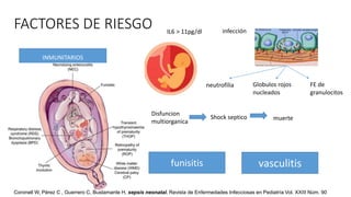 FACTORES DE RIESGO
INMUNITARIOS
PREMATUREZ
INFECCION INTRAAMNIOTICA
SRIF
IL6 > 11pg/dl infección
muerteShock septico
Disfuncion
multiorganica
neutrofilia Globulos rojos
nucleados
FE de
granulocitos
funisitis vasculitis
Coronell W, Pérez C , Guerrero C, Bustamante H, sepsis neonatal. Revista de Enfermedades Infecciosas en Pediatría Vol. XXIII Núm. 90
 