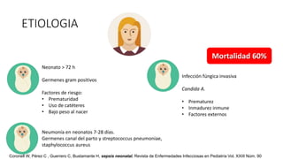 ETIOLOGIA
Neonato > 72 h
Germenes gram positivos
Factores de riesgo:
• Prematuridad
• Uso de catéteres
• Bajo peso al nacer
Infección fúngica invasiva
Candida A.
• Prematurez
• Inmadurez inmune
• Factores externos
Mortalidad 60%
Neumonía en neonatos 7-28 días.
Germenes canal del parto y streptococcus pneumoniae,
staphylococcus aureus
Coronell W, Pérez C , Guerrero C, Bustamante H, sepsis neonatal. Revista de Enfermedades Infecciosas en Pediatría Vol. XXIII Núm. 90
 