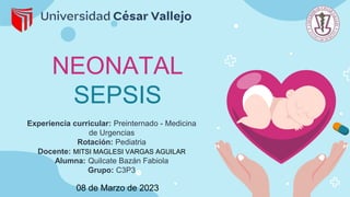 NEONATAL
SEPSIS
Experiencia curricular: Preinternado - Medicina
de Urgencias
Rotación: Pediatria
Docente: MITSI MAGLESI VARGAS AGUILAR
Alumna: Quilcate Bazán Fabiola
Grupo: C3P3
08 de Marzo de 2023
 