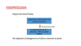 FISIOPATOLOGIA
•Sepsis de inicio Precoz:
•Se adquiere el patógeno en el útero o durante el parto
 