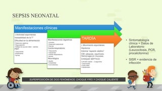 SEPSIS NEONATAL
• Sintomatología
clínica + Datos de
Laboratorio
(Leucocitosis, PCR,
procalcitonina)
• SISR + evidencia de
infección
Manifestaciones clínicas
 Actividad espontánea
Inestabilidad de la T°
Dificultad en la alimentación
• Retención gástrica
• Regurgitación
• Reflejo de succión débil – abolido
PMT:
• Taquicardia
• Bradicardia
• Apnea
Manifestaciones digestivas
• Vómitos
• Distensión abdominal
• Diarrea
Cardiorrespiratoria:
• Taquicardia
• Taquipnea
• Distrés Respirtatorio
• Apnea
Neurológica
• Apatía
• Irritabilidad
• Convulsiones
TARDÍA
 Movimiento espontáneo
Hipotonía
Ictericia “aspecto séptico”
CID: ptequias, equimosis,
Hemorragia en mucosas.
CHOQUE SÉPTICO:
• Llenado capilar  2 segundos
• Taquicardia
• Pulso débil
• Hipotensión
SUPERPOSICIÓN DE DOS FENÓMENOS: CHOQUE FRÍO Y CHOQUE CALIENTE
 