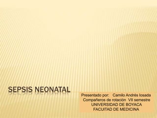 SEPSIS NEONATAL
Presentado por: Camilo Andrés losada
Compañeros de rotación VII semestre
UNIVERSIDAD DE BOYACA
FACUlTAD DE MEDICINA
 