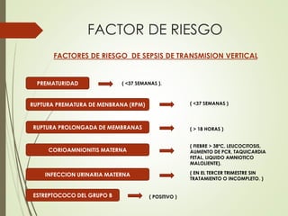 FACTOR DE RIESGO
FACTORES DE RIESGO DE SEPSIS DE TRANSMISION VERTICAL
PREMATURIDAD
RUPTURA PREMATURA DE MENBRANA (RPM)
RUPTURA PROLONGADA DE MEMBRANAS
CORIOAMNIONITIS MATERNA
INFECCION URINARIA MATERNA
ESTREPTOCOCO DEL GRUPO B
( <37 SEMANAS ).
( <37 SEMANAS )
( > 18 HORAS )
( FIEBRE > 38ºC, LEUCOCITOSIS,
AUMENTO DE PCR, TAQUICARDIA
FETAL, LIQUIDO AMNIOTICO
MALOLIENTE).
( EN EL TERCER TRIMESTRE SIN
TRATAMIENTO O INCOMPLETO. )
( POSITIVO )
 
