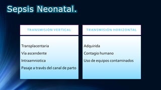 TRANSMISIÓN VERTICAL
Transplacentaria
Vía ascendente
Intraamniotica
Pasaje a través del canal de parto
TRANSMISIÓN HORIZONTAL
Adquirida
Contagio humano
Uso de equipos contaminados
Sepsis Neonatal.
 