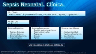 Sepsis Neonatal. Clínica.
INICIAL:
“Mal aspecto”, hipotermia/fiebre, succión débil, apatía, taquicardia
Manejo de la sepsis neonatal. Sylvia Martínez Serrano y J. Uberos. Servicio de Pediatría. Hospital Clínico San Cecilio, Granada. Bol. SPAO 2014
Sepsis del recién nacido. B. Fernández Colomer. Servicio de Neonatología. Hospital Universitario Central de Asturias. Asociación Española de Pediatría. Protocolos actualizados al año 2008
FASE DE
ESTADO:
Síntomas Digestivos:
• Rechazo de tomas.
• Vómitos & diarrea
• Distensión abdominal.
• Hepatomegalia.
Síntomas Respiratorios:
• Quejido, aleteo, retracciones.
• Respiración irregular.
• Taquipnea.
• Cianosis
• Apnea.
Síntomas Neurológicos:
• Apatía/irritabilidad.
• Hipotermia/hipertermia.
• Convulsiones.
• Fontanela tensa
Sepsis nosocomial clínica solapada
 
