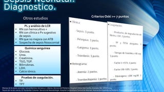 Otros estudios
PL y análisis de LCR
• RN con hemocultivo +
• RN con clínica o Px sugestivo
de sepsis
• RN que no mejora con ATB
• Sospecha de sepsis Nosocomial
Química sanguínea
• Glucosa.
• Urea.
• Creatinina.
• TGO,TGP.
• Bilirrubinas.
• LDH.
• Calcio iónico.
Pruebas de coagulación.
• TP.
• TPT
Criterios Oski >= 7 puntos
Sepsis Neonatal.
Diagnostico.
Manejo de la sepsis neonatal. Sylvia Martínez Serrano y J. Uberos. Servicio de Pediatría. Hospital Clínico San Cecilio, Granada. Bol. SPAO 2014
Sepsis del recién nacido. B. Fernández Colomer. Servicio de Neonatología. Hospital Universitario Central de Asturias. Asociación Española de Pediatría. Protocolos actualizados al año 2008
 