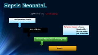 Síndrome de disfunción multiorganica
Sepsis Grave o severa
Shock Séptico
Muerte
Definiciones 1992 ¨Cascada séptica¨
Perfusión tisular: -oliguria
-hipotensión
-hipoperfusión
-piel marmórea
Sepsis Neonatal.
 