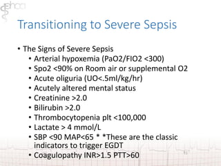 Transitioning to Severe Sepsis 
• The Signs of Severe Sepsis 
• Arterial hypoxemia (PaO2/FIO2 <300) 
• Spo2 <90% on Room air or supplemental O2 
• Acute oliguria (UO<.5ml/kg/hr) 
• Acutely altered mental status 
• Creatinine >2.0 
• Bilirubin >2.0 
• Thrombocytopenia plt <100,000 
• Lactate > 4 mmol/L 
• SBP <90 MAP<65 * *These are the classic 
indicators to trigger EGDT 
• Coagulopathy INR>1.5 PTT>60 
 