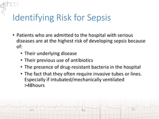 Identifying Risk for Sepsis 
• Patients who are admitted to the hospital with serious 
diseases are at the highest risk of developing sepsis because 
of: 
• Their underlying disease 
• Their previous use of antibiotics 
• The presence of drug-resistant bacteria in the hospital 
• The fact that they often require invasive tubes or lines. 
Especially if intubated/mechanically ventilated 
>48hours 
 