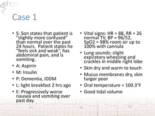 Case 1 
• S: Son states that patient is 
“slightly more confused” 
than normal over the past 
24 hours. Patient states he 
“feels sick and weak”, has 
abdominal pain, and is 
vomiting. 
• A: Aspirin 
• M: Insulin 
• P: Dementia, IDDM 
• L: light breakfast 2 hrs ago 
• E: Progressively worse 
nausea and vomiting over 
past day. 
• Vital signs: HR = 88, RR = 26 
normal TV, BP = 96/52, 
SpO2 = 98% room air up to 
100% with cannula 
• Lung sounds: slight 
expiratory wheezing and 
crackles in middle right lobe 
• Skin dry and warm to touch 
• Mucus membranes dry, skin 
turgor poor 
• Oral temperature = 100.3°F 
• Good tidal volume 
 