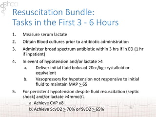 Resuscitation Bundle: 
Tasks in the First 3 - 6 Hours 
1. Measure serum lactate 
2. Obtain Blood cultures prior to antibiotic administration 
3. Administer broad spectrum antibiotic within 3 hrs if in ED (1 hr 
if inpatient) 
4. In event of hypotension and/or lactate >4 
a. Deliver initial fluid bolus of 20cc/kg crystalloid or 
equivalent 
b. Vasopressors for hypotension not responsive to initial 
fluid to maintain MAP > 65 
5. For persistent hypotension despite fluid resuscitation (septic 
shock) and/or lactate >4mmol/L 
a. Achieve CVP >8 
b. Achieve ScvO2 > 70% or SvO2 > 65% 
 