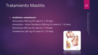 Tratamiento Mastitis
 Antibiótico ambulatorio:
Dicloxacilina (500 mg VO cada 6 h, 7-10 días).
Amoxicilina + Acido Clavulánico (500 mg VO cada 8 h, 7-10 días).
Eritromicina (500 mg VO cada 6 h, 7-10 días).
Clindamicina (300 mg VO cada 6 h, 7-10 días).
37
 