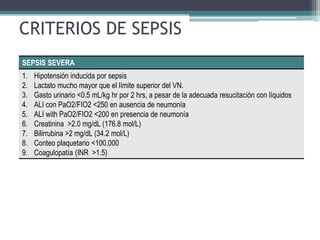 CRITERIOS DE SEPSIS
SEPSIS SEVERA
1.   Hipotensión inducida por sepsis
2.   Lactato mucho mayor que el límite superior del VN.
3.   Gasto urinario <0.5 mL/kg hr por 2 hrs, a pesar de la adecuada resucitación con líquidos
4.   ALI con PaO2/FIO2 <250 en ausencia de neumonía
5.   ALI with PaO2/FIO2 <200 en presencia de neumonía
6.   Creatinina >2.0 mg/dL (176.8 mol/L)
7.   Bilirrubina >2 mg/dL (34.2 mol/L)
8.   Conteo plaquetario <100,000
9.   Coagulopatía (INR >1.5)
 