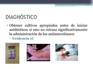 DIAGNÓSTICO
• Obtener cultivos apropiados antes de iniciar
  antibióticos si esto no retrasa significativamente
  la administración de los antimicrobianos
 ▫ Evidencia 1C
 
