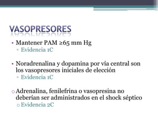 • Mantener PAM ≥65 mm Hg
 ▫ Evidencia 1C

• Noradrenalina y dopamina por vía central son
  los vasopresores iniciales de elección
 ▫ Evidencia 1C

o Adrenalina, fenilefrina o vasopresina no
  deberían ser administrados en el shock séptico
 o Evidencia 2C
 