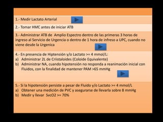 1.- Medir Lactato Arterial 
2.- Tomar HMC antes de iniciar ATB 
3.- Administrar ATB de Amplio Espectro dentro de las primeras 3 horas de 
ingreso al Servicio de Urgencia o dentro de 1 hora de infreso a UPC, cuando no 
viene desde la Urgenica 
4.- En presencia de Hiptensión y/o Lactato >= 4 mmol/L: 
a) Administrar 2L de Criistaloides (Coloide Equivalente) 
b) Administrar NA, cuando hipotensión no responda a reanimación inicial con 
Fluidos, con la finalidad de mantener PAM >65 mmHg 
5.- Si la hipotensión persiste a pesar de Fluido y/o Lactato >= 4 mmol/L 
a) Obtener una medición de PVC y asegurarse de llevarla sobre 8 mmHg 
b) Medir y llevar SvcO2 >= 70% 
 