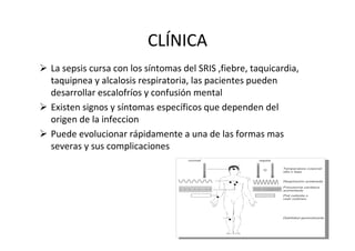 CLÍNICA
La sepsis cursa con los síntomas del SRIS ,fiebre, taquicardia,
taquipnea y alcalosis respiratoria, las pacientes pueden
desarrollar escalofríos y confusión mental
Existen signos y síntomas específicos que dependen del
origen de la infeccion
Puede evolucionar rápidamente a una de las formas mas
severas y sus complicaciones
 