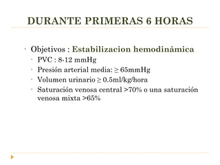 DURANTE PRIMERAS 6 HORAS Objetivos :  Estabilizacion hemodinámica PVC : 8-12 mmHg Presión arterial media: ≥ 65mmHg Volumen urinario ≥ 0.5ml/kg/hora Saturación venosa central >70% o una saturación venosa mixta >65% 