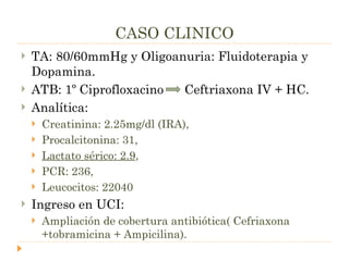 CASO CLINICO TA: 80/60mmHg y Oligoanuria: Fluidoterapia y Dopamina. ATB: 1º Ciprofloxacino  Ceftriaxona IV + HC. Analítica:  Creatinina: 2.25mg/dl (IRA),  Procalcitonina: 31,  Lactato sérico: 2.9 ,  PCR: 236,  Leucocitos: 22040 Ingreso en UCI:  Ampliación de cobertura antibiótica( Cefriaxona +tobramicina + Ampicilina). 