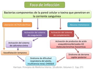 Foco de infección
Bacterias componentes de la pared celular o toxina que penetran en
la corriente sanguínea
Absceso metastasicoLiberación ACTH/Endorfinas
Activación del sistema
de coagulación
Activación del sistema
de complemento
Activación del sistema
de calicreina-cinina
Síndrome de dificultad
respiratoria del adulto,
insuficiencia renal, CHOQUE
Activación de productos de acido
araquidónico/derivados O2
molecular/enzimas lisosomicas
Síndrome de derrame
capilar posterior
Vasodilatación temprana
Harrison. Principios de Medicina Interna. 18 edición. Volumen 2. Cap. 271
 