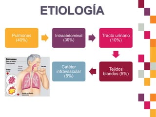 ETIOLOGÍA
Pulmones
(40%)
Intraabdominal
(30%)
Tracto urinario
(10%)
Tejidos
blandos (5%)
Catéter
intravascular
(5%)
 