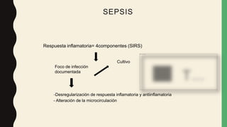 SEPSIS
Respuesta inflamatoria= 4componentes (SIRS)
Foco de infección
documentada
Cultivo
-Desregularización de respuesta inflamatoria y antiinflamatoria
- Alteración de la microcirculación
 