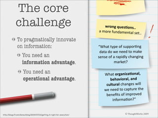The core
challenge
To pragmatically innovate
on information:
You need an
information advantage.
You need an
operational advantage.

http:/
/blogs.ft.com/donsullblog/2009/07/02/getting-it-right-for-execution/

wrong ques(ons.. 
a more fundamental set.
.
“What type of suppor3ng 
data do we need to make 
sense of a rapidly changing 
market? 

What organiza(onal, 
behavioral, and 
cultural changes will 
we need to capture the 
beneﬁts of improved 
informa3on?"
© ThoughtWorks 2009

 