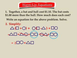 Warm-Up; Equations
1. Together, a bat and ball cost $1.10. The bat costs
$1.00 more than the ball. How much does each cost?
Write an equation for the above problem. Solve.
2. Simplify:
( + ) + ( - ) +
= + + - +
= 2 +
 